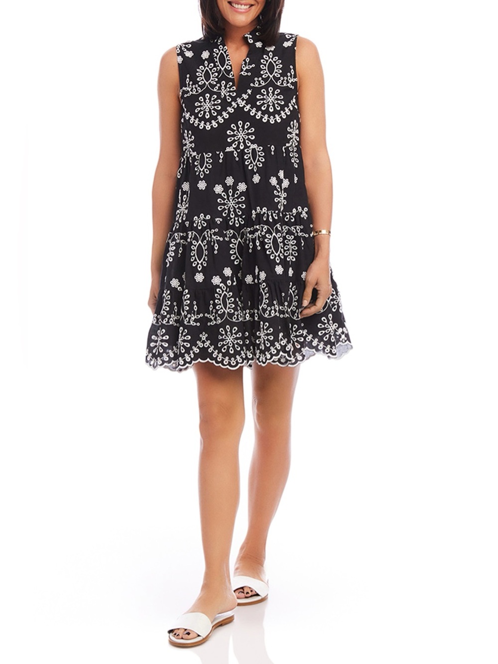 Karen Kane Wms Black Sleeveless Cotton Embroidery Eyelet Scalloped Mini Dress LP